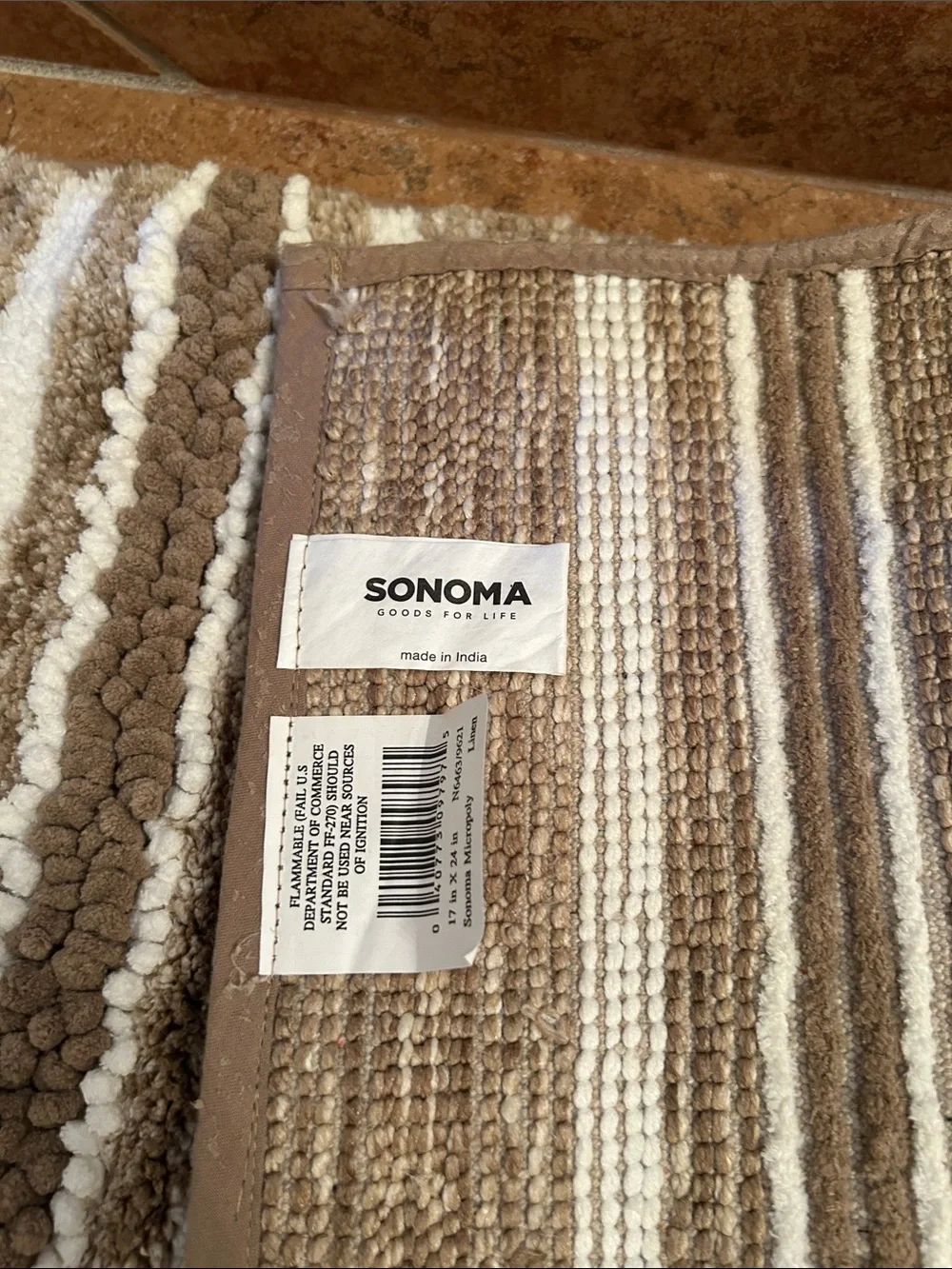 Sonoma Tan Brown & White  Striped Textured Bath Rug Matt NEW 17